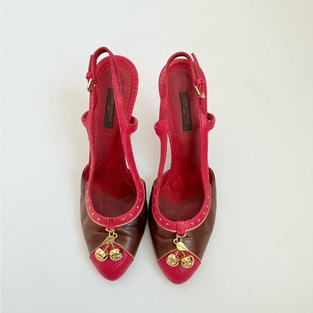 Louis Vuitton Brown Red Leather Takashi Murukami Cherry Sling back pumps EU 38.5 - Picture 2 of 10